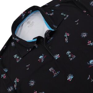 Scales Mens Performance Polo Shirt Large Black Tropical Hula Girl Shark Print